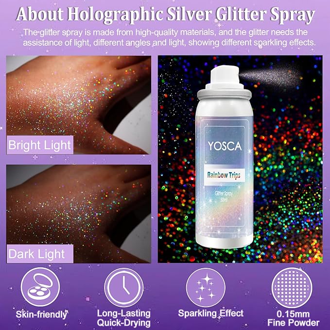 Yosca Body Glitter Spray, 3Pcs Holographic Silver Travel Shiny Glitter Spray for Body Hair Clothes Pride Accessories, Long-Lasting Shimmer Powder Hairspray for Festival Concert Party Rave Accessories