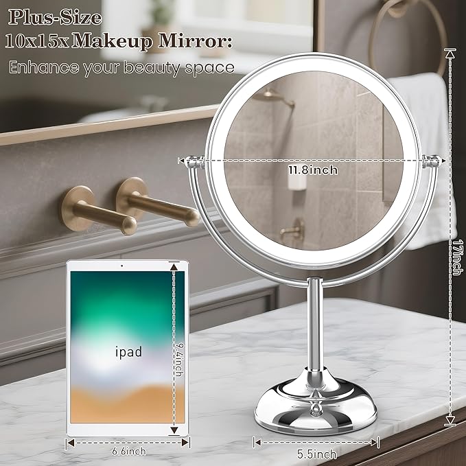 VESAUR Upgraded 11" Large 17" Tall Lighted Makeup Mirror Silver, 1X/10X Dual-Sided Magnifying with 15X Suction Mirror, 3 Color Adjustable Lights, 360° Swivel Dual Power Vanity Mirror, Gift Box