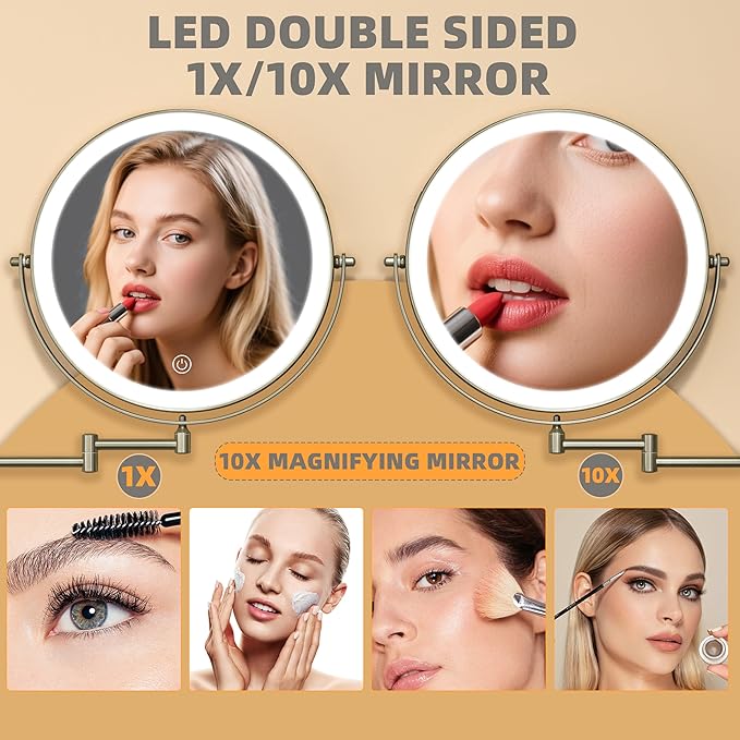 10" Wall Mounted Makeup Mirror with Light, 3000mAh Rechargeable Double Sided 1X / 10X Magnifying Vanity Mirror, 3 Color Lights Touch Dimmable 360° Rotation Bathroom Mirror, Nickel
