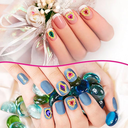 PAGOW 48Pcs Nail Art Heart Drop Rhinestones for Nails, Mix Sizes AB Iridescent 3D Crystals Diamonds Nail Art Heart Drop, Charms Metal Alloy Gold Rhinestone Nail Charms for Crafts DIY Nail Decorations