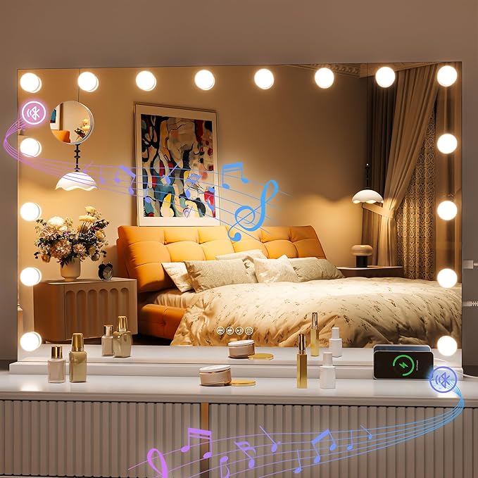 Hasipu Hollywood Vanity Mirror with Lights and Bluetooth Speaker, 35" x 24" Makeup Mirror with 16 Dimmable LED Bulbs 3 Color Modes, 5X Magnifying Glass, Touch Control, USB and Type-C, Tempered Glass