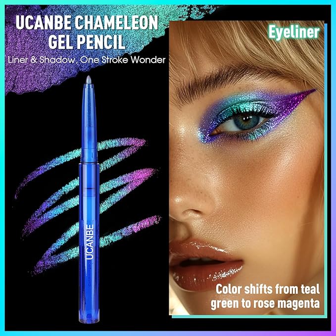 UCANBE Chameleon Eyeshadow & Eyeliner Gel Pencil-Multichrome Shifting Colors Metallic Glitter Eye Makeup,Waterproof Long-Lasting Smudge-Proof Multi-Dimensional Color (Teal Green to Rose Magenta)