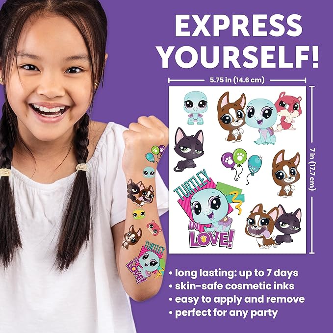 Littlest Pet Shop Temporary Tattoos for Kids [50 pack]. Made in the USA w Certified Safe Ink. Kids Birthday Party Supplies and Party Favors Kit. Bulk Temporary Tattoos Stickers Set. Dogs, Cats,