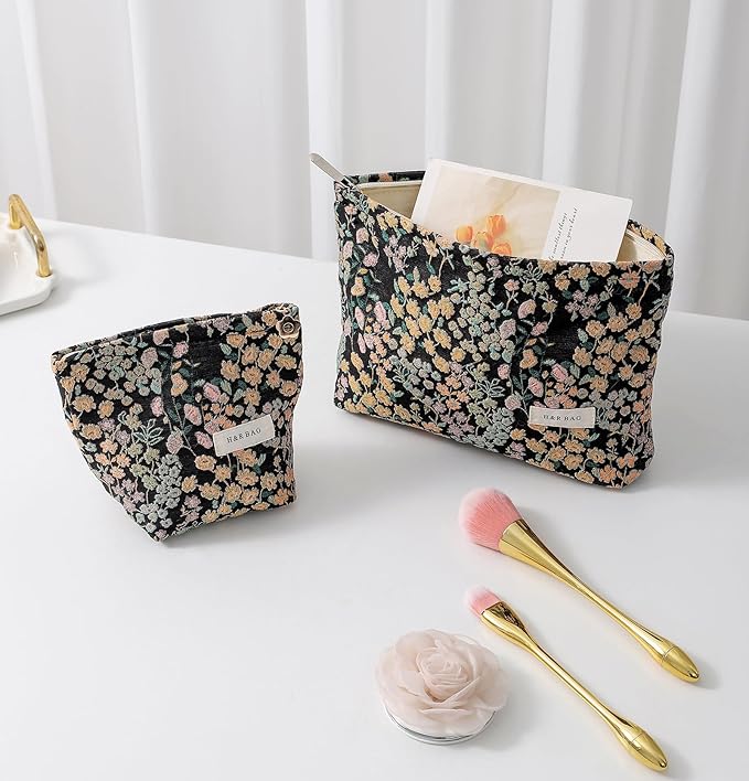 2 Pcs Makeup Bags, Large Cosmetic Bag Travel Toiletry Bag Organizer for Women, Embroidery Craft, Floral Makeup Bag Small Cosmetic Pouch Purse with Zipper Gifts for Girls Teen