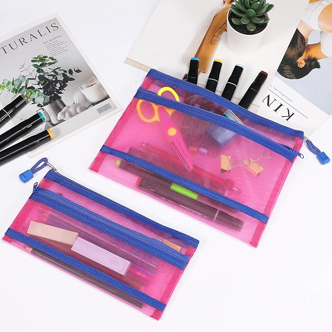 12 Pieces Zipper Nylon Mesh Pouch, Mesh Cosmetic Bags Makeup Bags Pencil Case, Multipurpose Travel Bags for Cosmetic School Office Supplies and Travel Accessories (2 Layers-Hot Pink, A5)