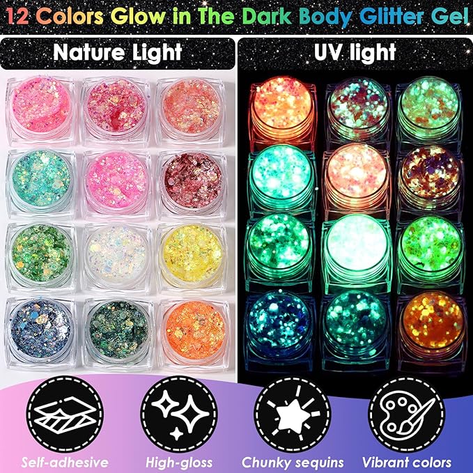 Glow in The Dark Glitter Gel with UV Neon Liquid Eyeliner Pen Set for Body Face Hair Eye, Makeup Kit for Rave Accessories Party Halloween Anime Cosplay Concerts Festival Carnival Face Paint