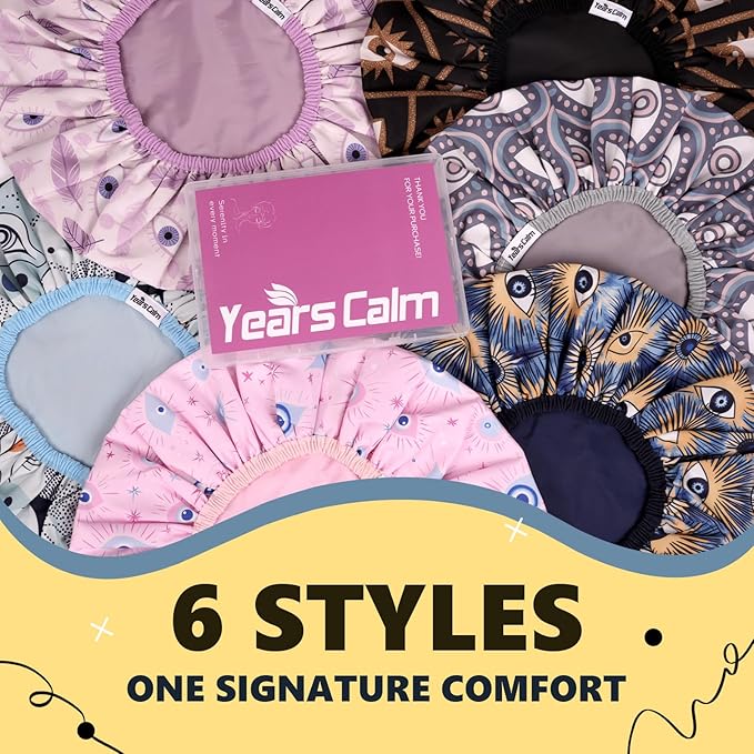 Years Calm Evil Eye Shower Caps for Women Reusable Waterproof, Pattern and Solid Color Dual-Layer Design, Hair Cap for Shower with Elastic Band, Fits Braids, Dreadlocks & Long Hair (Royal Blue)