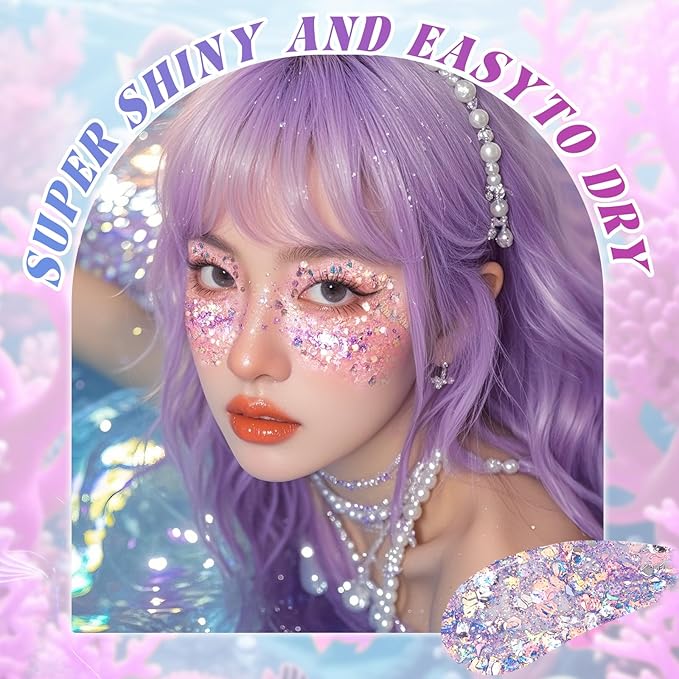 DAGEDA Purple Body Glitter Gel,Sparkly Face Hair Eye Glitter Makeup,Quick-Drying Body Shimmer Holographic Sequins, Singer Concert, Festival Rave Makeup Accessories