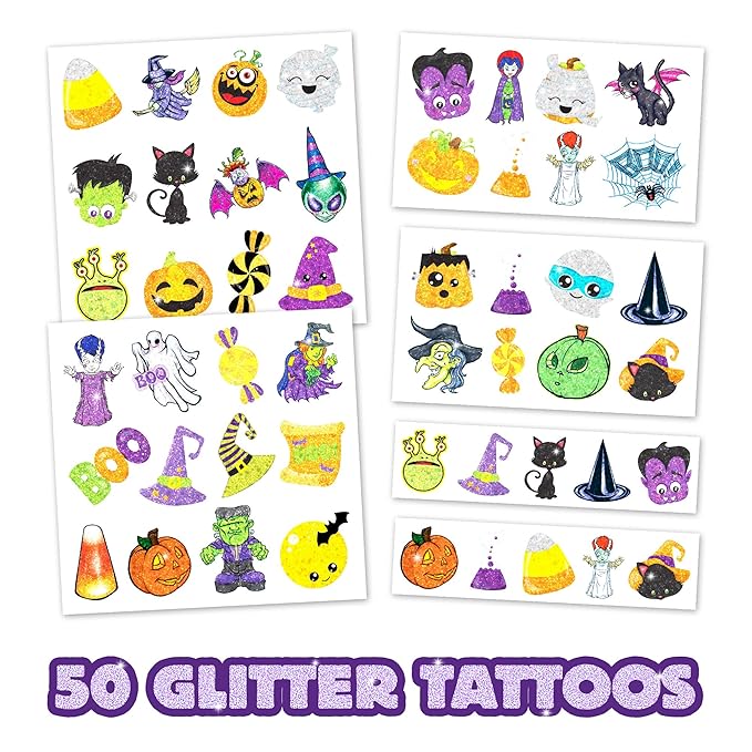 Assorted Glitter Halloween Tattoos – Sparkly Temporary Tattoos for Kids, Includes Pumpkins, Ghosts, Bats & More, Non-Toxic Party Favors & Trick-or-Treat Handouts