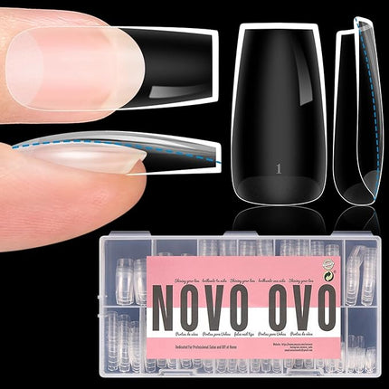 NOVO OVO Extra Thick Square Nail Tips Press on Natural Curve, Medium Soak Off Soft Gel Fake Nail Extension, Full Cover Matte Cuticle False Nails for Acrylic French, Salon DIY x 14 Sizes 336 pcs