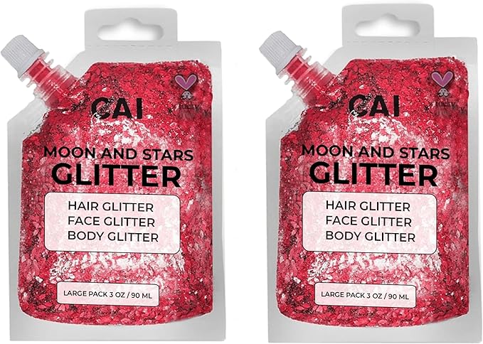 Face, Body & Hair Glitter Gel – Halloween Glitter for Kids and Women – 3 Oz Cosmetic-Grade Gel w/Moon & Stars for Festivals & Halloween Party, Easy Apply & Wash Off - Red 2Pack