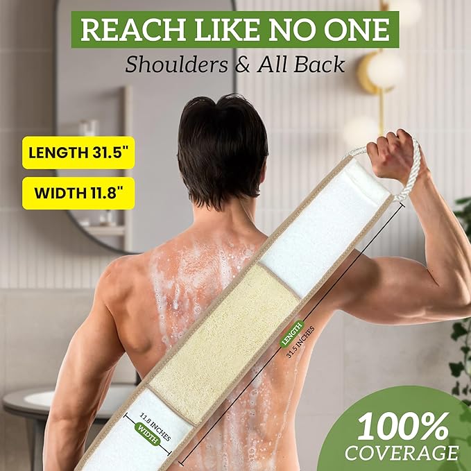 Natural Loofah Back Scrubber (Pack 4) - Exfoliating Sponge for Shower - Loofah Clean Back Deeply - Vegetable Scrubber for Men Women - 100% Biodegradable Compostable Plastic Free (Each 31.5" x 11.8")