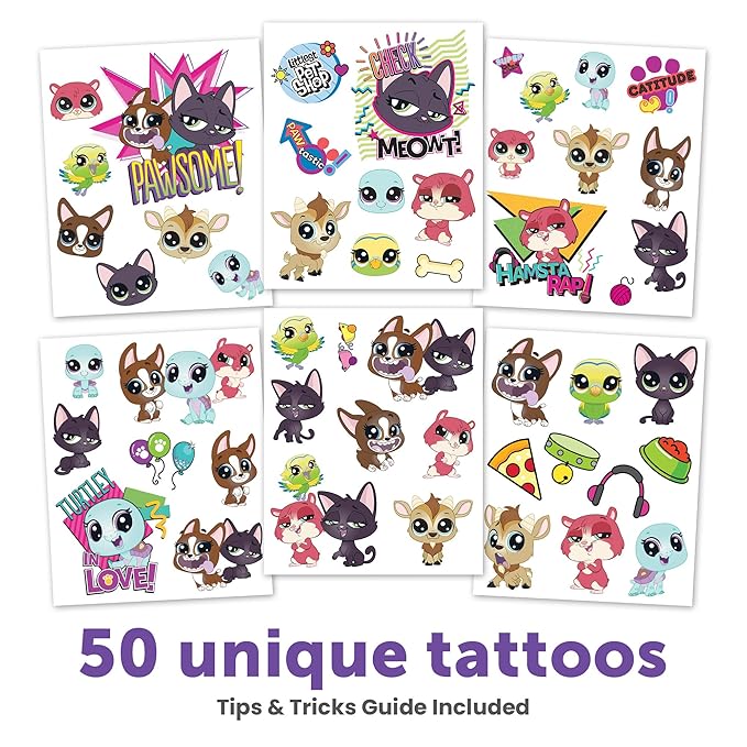 Littlest Pet Shop Temporary Tattoos for Kids [50 pack]. Made in the USA w Certified Safe Ink. Kids Birthday Party Supplies and Party Favors Kit. Bulk Temporary Tattoos Stickers Set. Dogs, Cats,