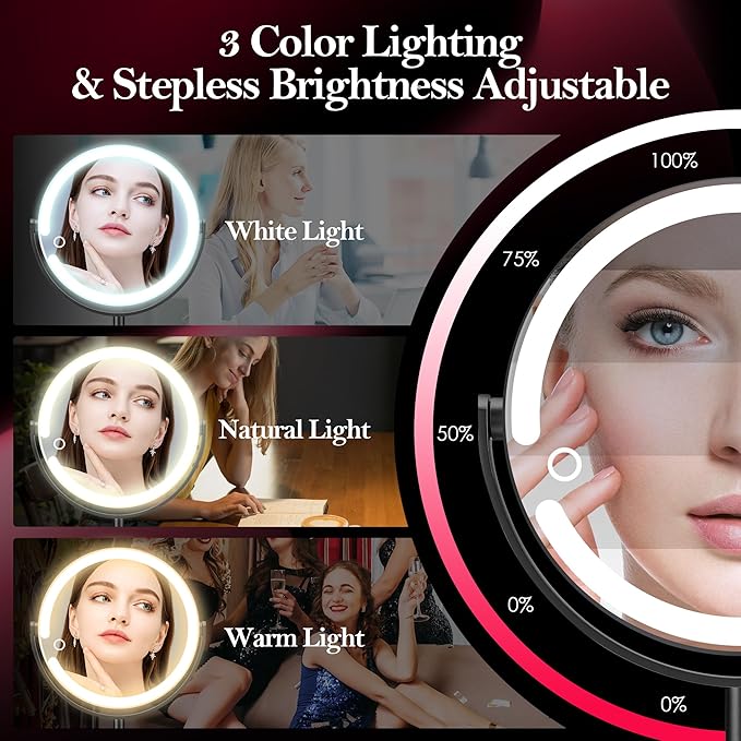 Led Makeup Mirror with Lights, 20X Magnifying Mirror, Rechargeable Magnified Makeup Mirror with 360°Rotation & Height Adjustable, Detachable Vanity Mirror(Black)