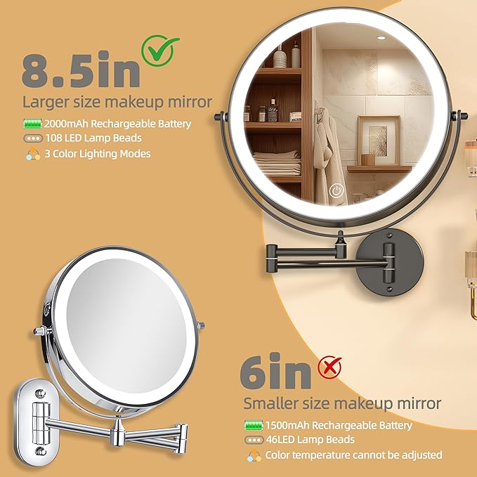8.5" Wall Mounted Makeup Mirror with Light, 2000mAh Rechargeable Double Sided 1X / 10X Magnifying Vanity Mirror, 3 Color Lights Touch Dimmable 360° Rotation Bathroom Mirror, Black