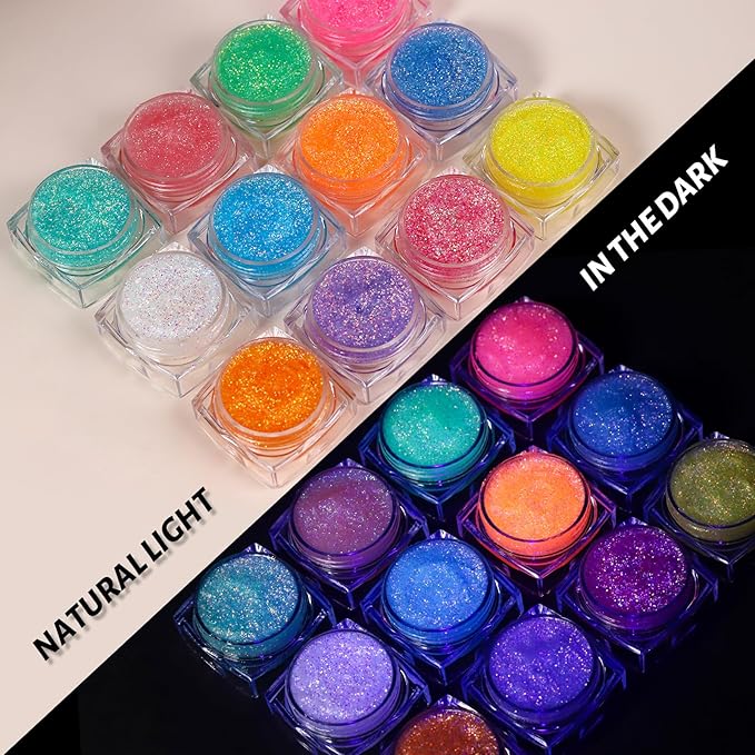 Teenitor 12 Colors Fine Glitter Body Glitter Gel, Glow in The Dark Glitter Gel, Glow in The Dark Face Paint, Face Sparkles for UV Black Light Raves Concerts Festivals