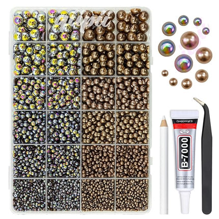 qiipii 2 Styles Solid Dark Brown+ Brown AB Flatback Pearls for Bedazzling Crafting 3mm-10mm Coffee Half Round Pearls Beads Gems Bedazzler Kit for Nails Face Eyes Makeup Tumblers Bottles DIY Crafts