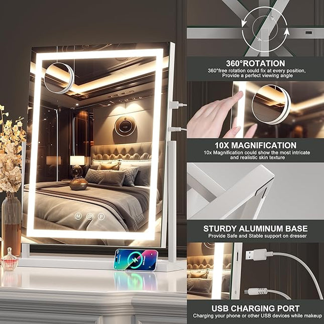 Hasipu Large LED Vanity Mirror 17"x22" - Makeup Mirror with 10X Magnification, Smart Touch 3-Color Lighting & Dimmable Control