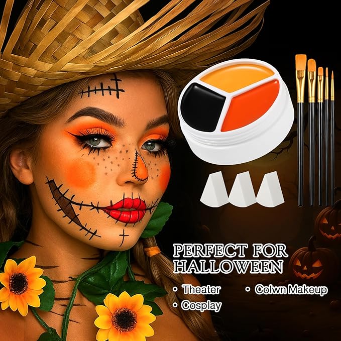 Black Orange Yellow Face Body Paint, Halloween Scarecrow Makeup Kit (3 Sponges + 5 Brushes), 9 Pcs Oil Based Non Toxic Face Painting Kit for Halloween Pumpkin SFX, Clown, Tiger, Lion, Fox, Costume Cos