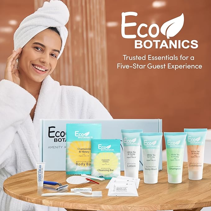 Eco Botanics Amenity & Accessory Kit | 0.85 oz Travel Size Shampoo, Conditioner, Lotion, Body Wash, Soap Bar, Shave & Dental Sets, Make-Up Remover Wipes, & Vanity Kit | 60 sets per case