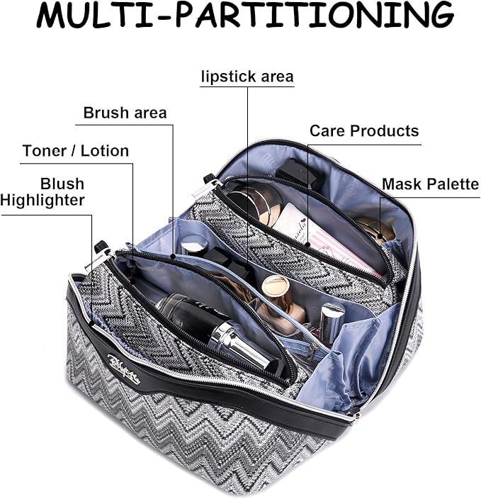 Travel Makeup Bag for Women: Western Boho Make up Bag Set of 3 - Large Capacity Vegan Leather Cosmetic Bag - Waterproof Toiletry Bag with Compartments & Handle & Divider(B-03Black)