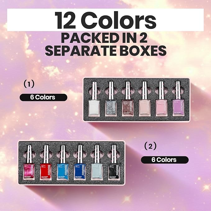 Beetles Nail Polish Set - Quick Dry Nail Polish Kit 12 Colors Pink Glitter Green Blue Yellow Red Regular Air Dry Fingernail Polish Pack for Women Gift Beetles Colorful Canvas 12 Colors