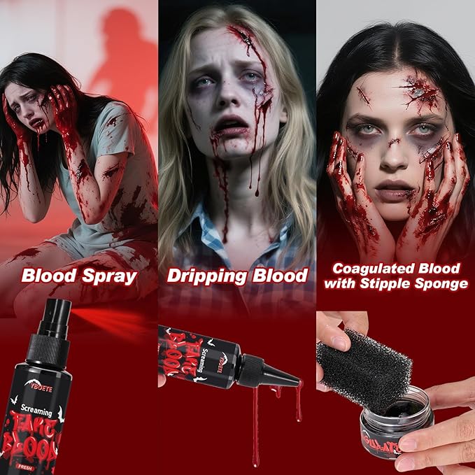 Halloween Fake Blood Makeup Kit, Realistic Washable SFX Makeup Kit with Fake Blood Spray Dripping Blood and Coagulated Gel Blood for Halloween Face Paint Zombie Monster Mouth Clothes Dress Up