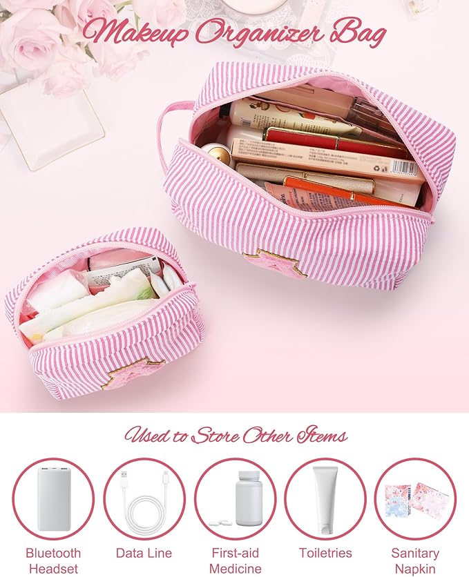 MONSTINA Personalized Initial Makeup Bag for Women,Make Up Case for Girlfriend Bridesmaid Wife,Birthday Gift for Her Cute Toiletry Bag,2PCS,Pink W