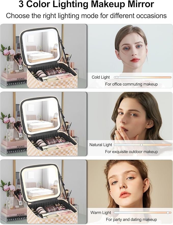 Chomeiu Makeup Bag with LED Mirror, Travel Makeup Case for Women and Makeup Artists Cosmetic Organizer Large Make Up Bags with Light Up Mirror, 3 Color Lights, Adjustable Dividers, Light Checkerboard
