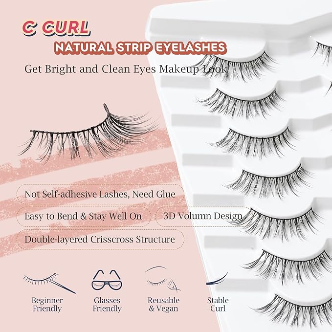 Wispy Eyelashes Cat Eye Lashes Natural Look Fox Eye Eyelashes Thin Band Strip Lashes 15MM False Eyelashes 3D Volume Fake Lashes Pack 7 Pair Siligli