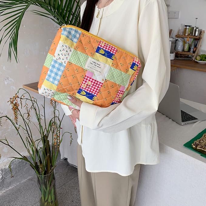 VIWIME Makeup Cosmetic Bag, Large Cotton Quilted Travel Coquette Aesthetic Cute Floral Make up Bag for Women Toiletry Bag Organizer(Puzzle/2Pcs)