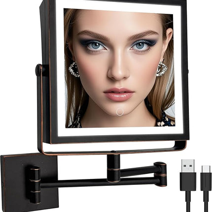 Ruacq Rechargeable Wall Mounted Makeup Mirror with Lights, Double Sided 1X/10X Magnifying Vanity Mirror with 3 Color Lights, Touch Screen Dimmable, 360° Rotation Foldable Arm (Oil Rubbed Bronze)
