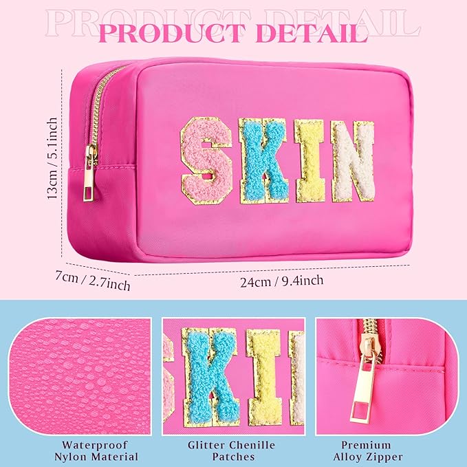 Cunno 4 Pcs Preppy Makeup Bags Chenille Letter Stuff Bag Nylon Cosmetic Pouch Cases with Zipper for Women Travel Toiletry