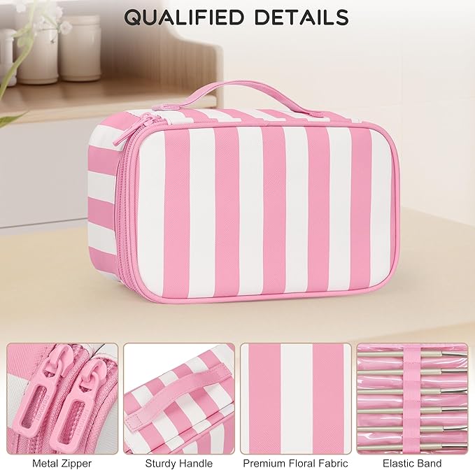 Relavel Travel Makeup Bag, Small Floral Cosmetic Bag with Makeup Brush Compartment, Portable Makeup Pouch for Women, Double Layer Makeup Organizer Bag Cute Toiletry Bag, Wide Strip