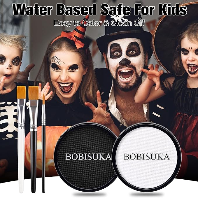 BOBISUKA Black White Face Body Paint, Water Based Face Painting Kit Body Paints with Brushes, Kids Adults Facepaint for Halloween Party Clown Joker Goth Skull SFX Makeup Costume Cosplay Stage Dress-Up