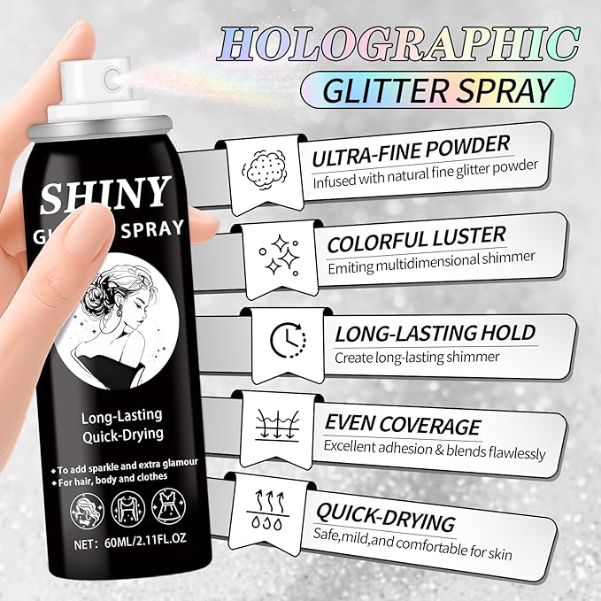 Glitter Spray for Hair and Body,Holographic Hair Glitter for Kids & Teenagers,Long-Lasting,Quick-Drying,Suitable for Festival Music Concert Party Rave Accessories (Rainy-Rainbow)