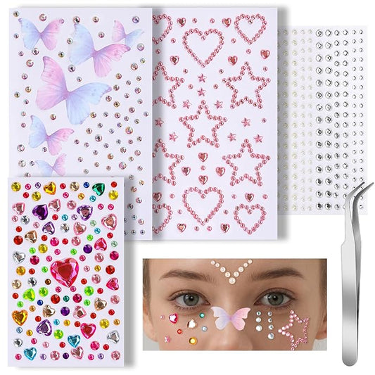 Teenitor Face Gems for Makeup, Self Adhesive Festival Jewels, Hair Gems, 4 Sheets Rhinestone Stickers for Face, Eye, Makeup, Body