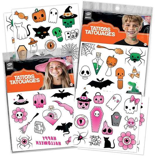 Spooky Halloween Temporary Tattoos Variety Pack – 100+ Scary Designs for Kids & Adults, Includes Ghosts, Skulls, Pumpkins & Bats, Halloween Party Favors & Trick-or-Treat Handouts