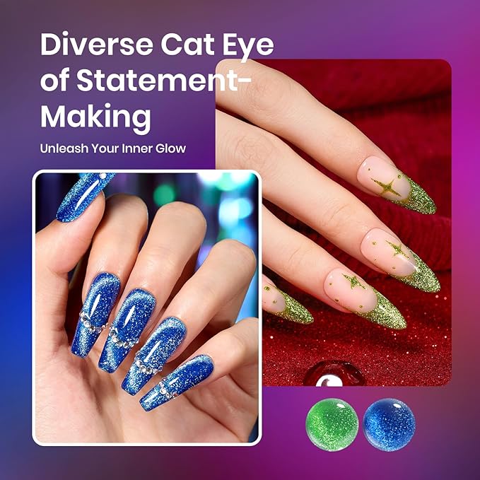 Beetles Cat Eye Gel Nail Polish, 6 Colors Red Purple Green Blue Green Gold Holographic Glitter Gel Polish Set with Magnet Soak Off UV Shimmer Velvet Gel Sparkle Soiree Series Manicure Gifts for Women