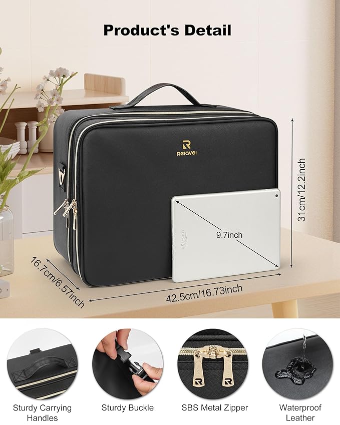 Relavel Extra Large Makeup Bag, Makeup Case Professional Makeup Artist Kit Train Case Travel Cosmetic Bag Brush Organizer, Waterproof Leather Material, with Adjustable Shoulder Straps and Dividers