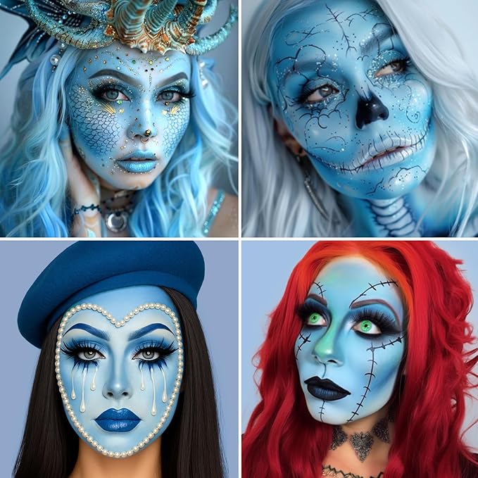 Light Blue Face Body Paint, Oil-based Face Painting Kit for Kids Adlut, Facepaint for Halloween Dead Bride Ice Queen Costume, Cosplay, Parties, Stage, Theater, SFX Special Effect Makeup（2.1 Fl.oz）