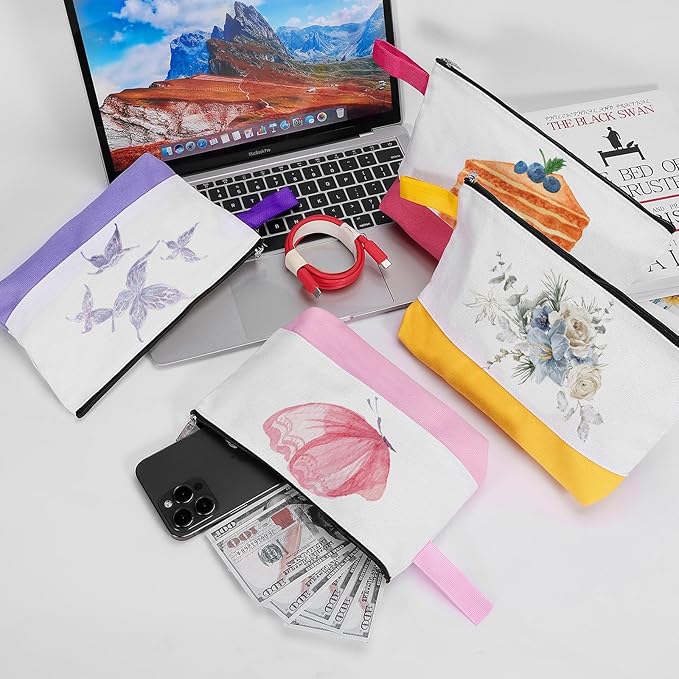 10 Pieces Cotton Canvas Makeup Bag with Bottom and Strap, Multi-Purpose Cosmetic Bag with Zipper Travel Toiletry Pouch, Blank DIY Craft Bag (Multicolor 03, L)