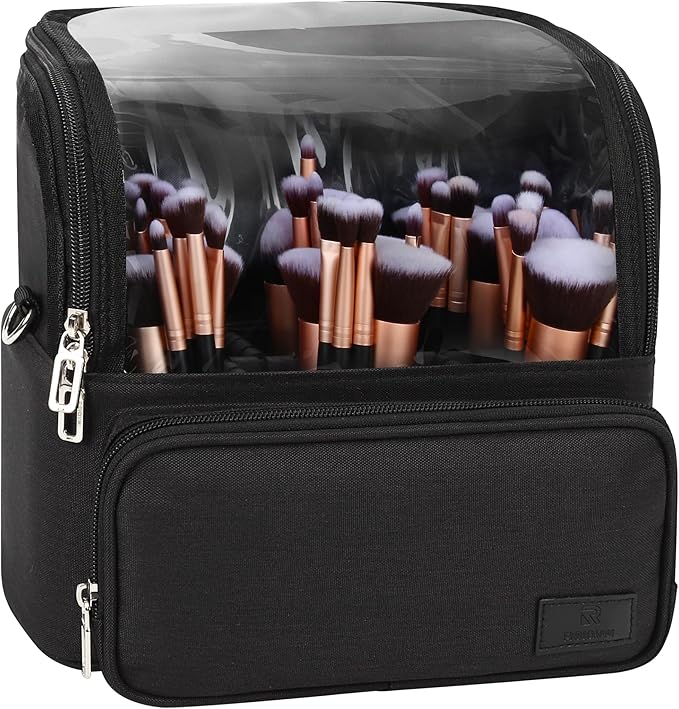 Makeup Brush Case, Extra Large Stand-up Makeup Cup Travel Makeup Brush Bag Foldable Professional Cosmetic Bags Artist Storage Case with Adjustable Divide&Strap (01A-Black（X Large）)