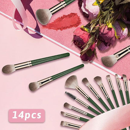 Makeup Brush Set, Premium Synthetic 14 Pcs Makeup Brushes, Travel Makeup Brush Set for Foundation, Concealer, Blush and Eyeshadow Brush(Green)