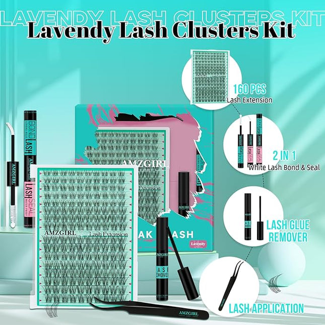 Lash Clusters Kit,160pcs Natural Eyelash Extension with Lash Bond and Seal Waterproof,Remover For Lashes Cluster,Lash Applicator Tool For False Eyelashes Extensions At Home(Lavendy,Kit)