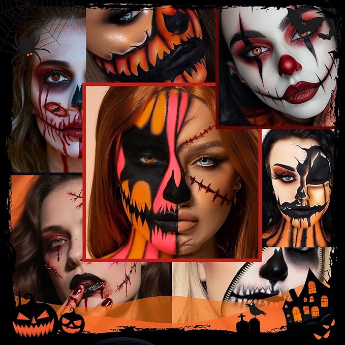 docolor Makeup Brush Set,5PCS Halloween Goth Makeup Brushes Powder Contour Eyeliner Brow Eyeshadow Brush Set with 9 Colors Halloween Eyeshadow Palette,1PC Makeup Sponge Puff&3PCS Halloween Scar Tattoo