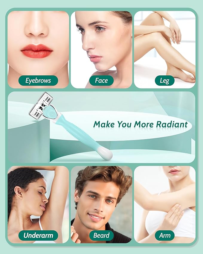 Razors for Women Sensitive Skin, 6 Blades Women’s razors for Shaving Including 2 Travel Razors for Women with 15 Blade Refills, Green