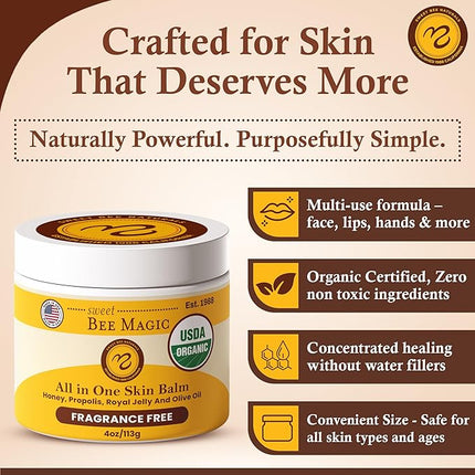 Sweet Bee Magic All In One Healing Organic Balm - Natural Skin Healing Cream, Beeswax Balm for Dry Skin, Face & Body Moisturizer - Certified Organic, All Natural Aid - 1 Jar (4oz)