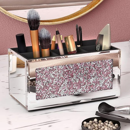 SHYFOY Mirrored Makeup Brush Holder Organizer with Pink Crushed Diamond, 6 Slots Glass Makeup Cosmetics Brushes Organizers and Storage for Vanity Countertop