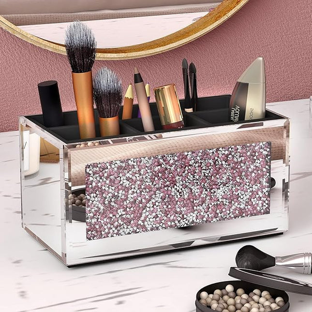 SHYFOY Mirrored Makeup Brush Holder Organizer with Pink Crushed Diamond, 6 Slots Glass Makeup Cosmetics Brushes Organizers and Storage for Vanity Countertop
